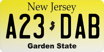 NJ license plate A23DAB