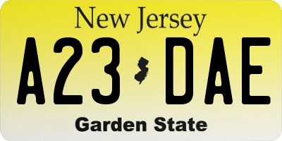 NJ license plate A23DAE
