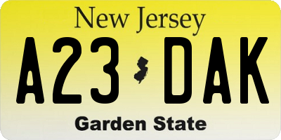 NJ license plate A23DAK