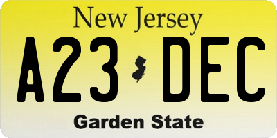 NJ license plate A23DEC