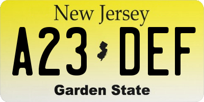 NJ license plate A23DEF