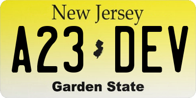 NJ license plate A23DEV