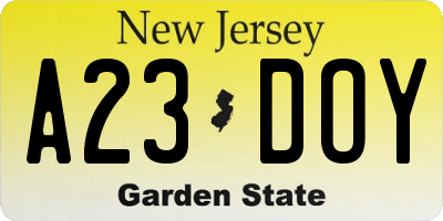 NJ license plate A23DOY