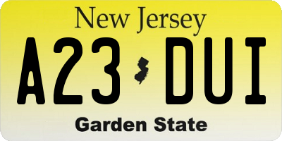 NJ license plate A23DUI