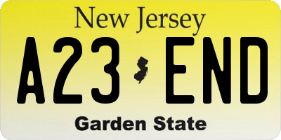 NJ license plate A23END