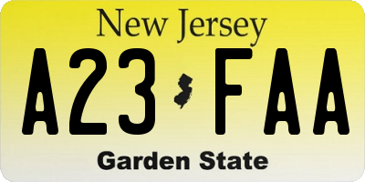 NJ license plate A23FAA