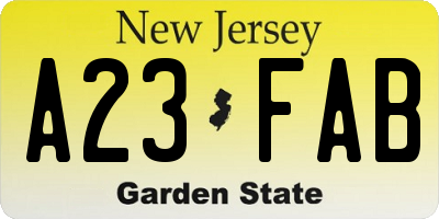 NJ license plate A23FAB