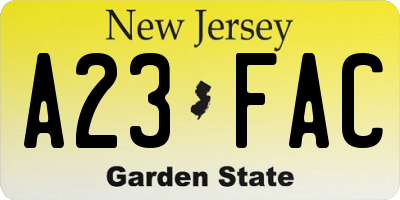 NJ license plate A23FAC