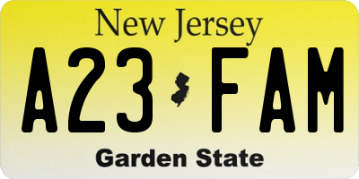 NJ license plate A23FAM