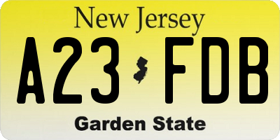 NJ license plate A23FDB