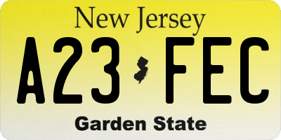 NJ license plate A23FEC