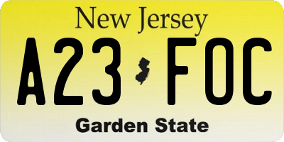 NJ license plate A23FOC