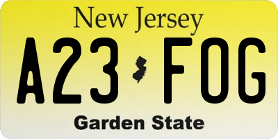 NJ license plate A23FOG