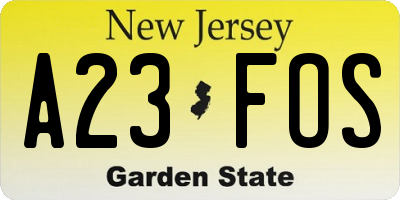 NJ license plate A23FOS
