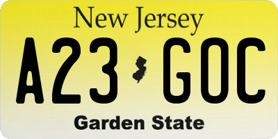 NJ license plate A23GOC