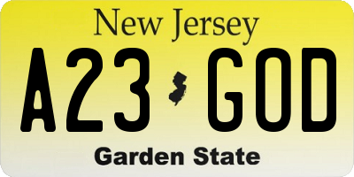 NJ license plate A23GOD