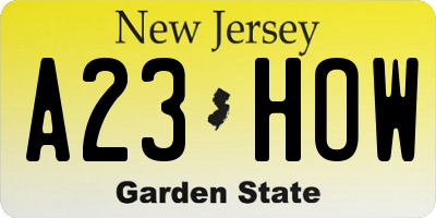 NJ license plate A23HOW