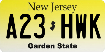 NJ license plate A23HWK