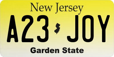 NJ license plate A23JOY