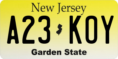 NJ license plate A23KOY