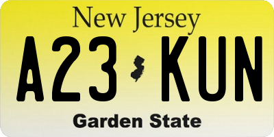 NJ license plate A23KUN