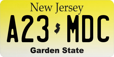 NJ license plate A23MDC