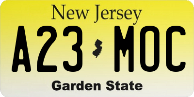NJ license plate A23MOC