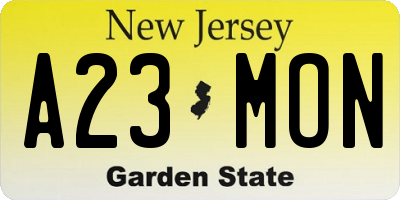 NJ license plate A23MON
