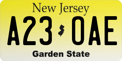 NJ license plate A23OAE