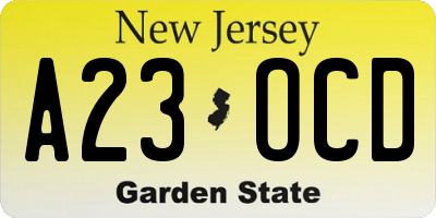 NJ license plate A23OCD
