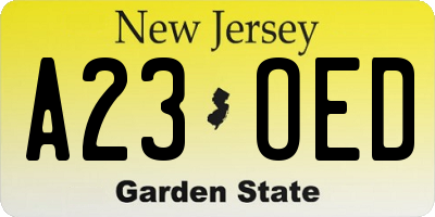 NJ license plate A23OED
