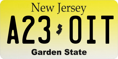 NJ license plate A23OIT