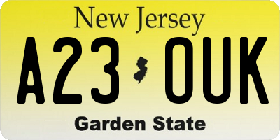 NJ license plate A23OUK