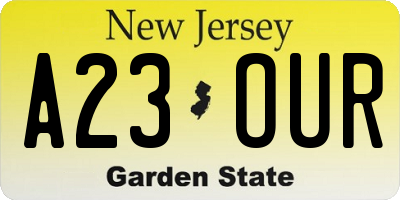 NJ license plate A23OUR