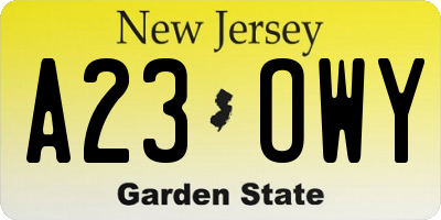 NJ license plate A23OWY