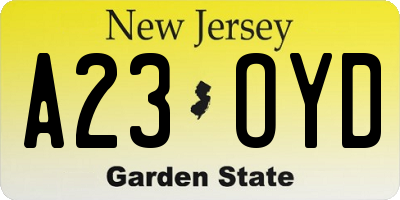 NJ license plate A23OYD