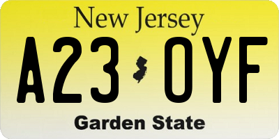 NJ license plate A23OYF
