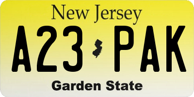 NJ license plate A23PAK
