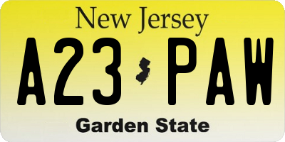 NJ license plate A23PAW