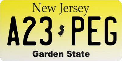 NJ license plate A23PEG