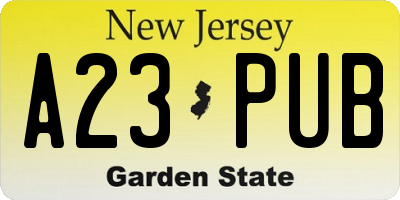 NJ license plate A23PUB
