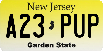 NJ license plate A23PUP