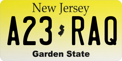 NJ license plate A23RAQ