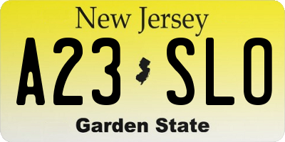 NJ license plate A23SLO