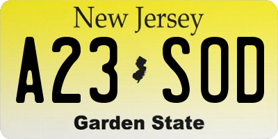 NJ license plate A23SOD