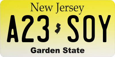 NJ license plate A23SOY