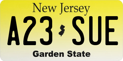 NJ license plate A23SUE