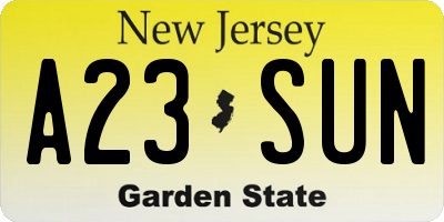 NJ license plate A23SUN