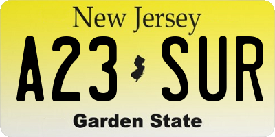 NJ license plate A23SUR