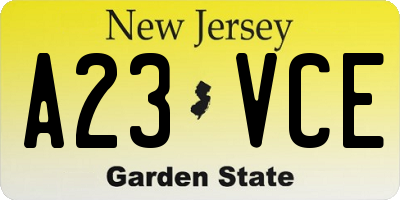 NJ license plate A23VCE